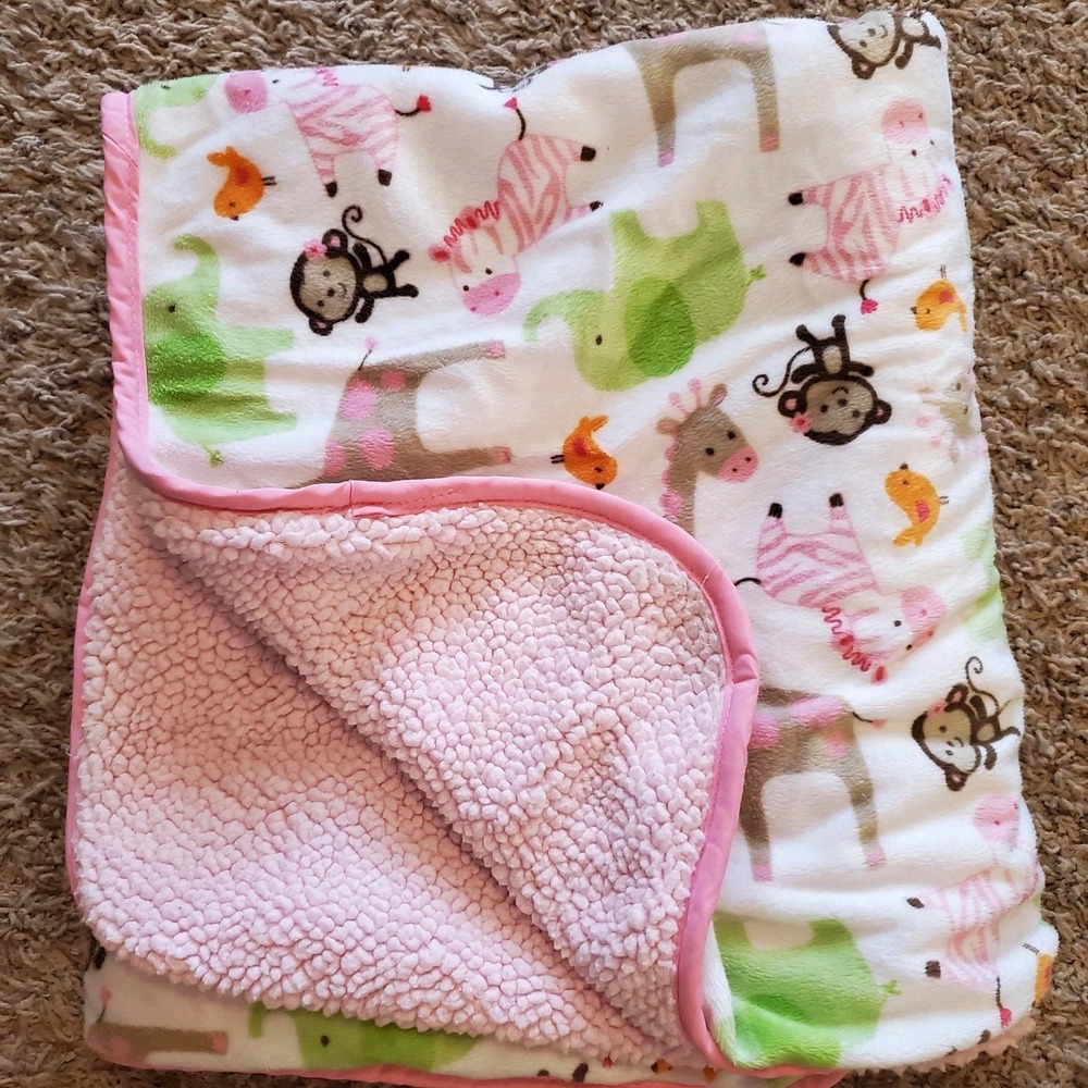 Carters Pink Safari Jungle Jill‎ Baby Blanket Zebra Monkey Giraffe Sherpa Vtg